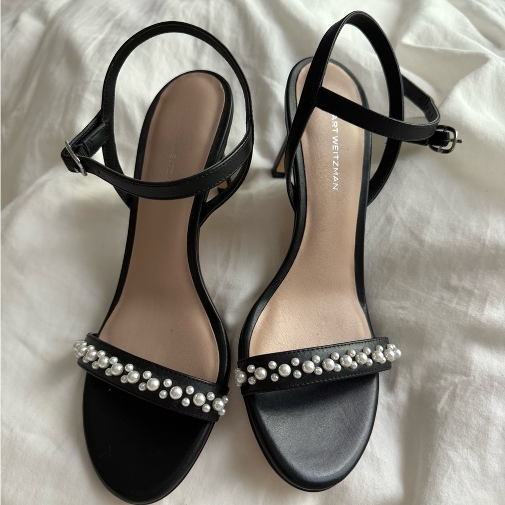 NEW Stuart Weitzman Black Pearl-Trim Ankle Strap Heels